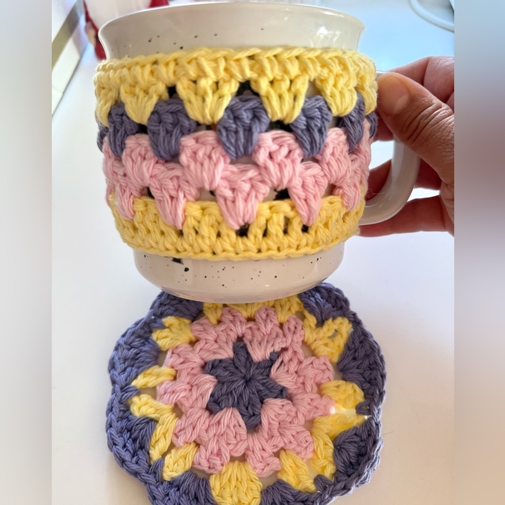 Handmade Pastel Granny Square Mug Cozy & Coaster Set